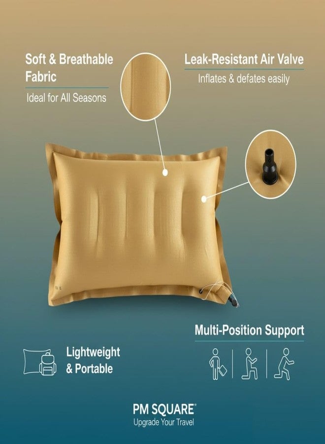 PM SQUARE Inflatable Travel Pillow with Air Pump, Brown, Soft Breathable Fabric, Lightweight and Portable, Multi-Position Support for Office, Camping, Train, Bus - Image 2